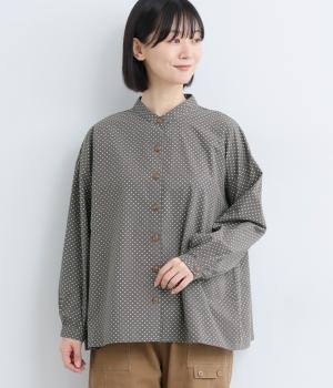 アンティーク風ドットダブルギャザーシャツ(チャコール-F)