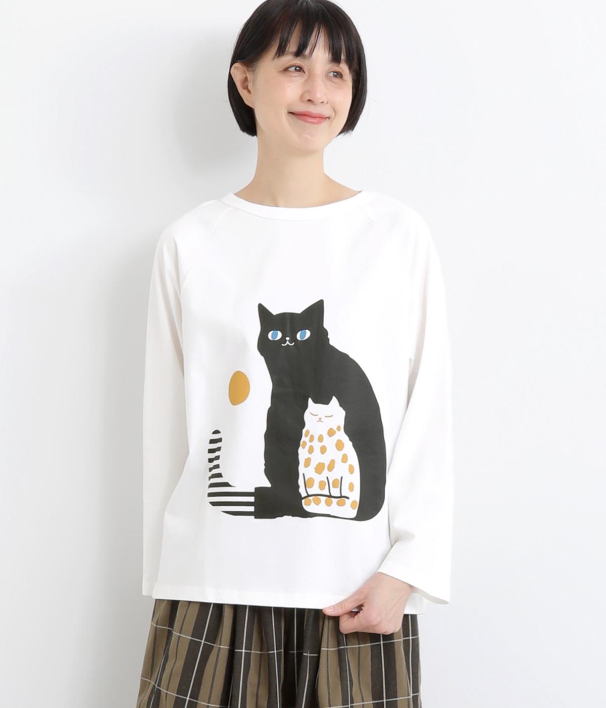 ラグランTシャツネコに猫(ホワイト-F)