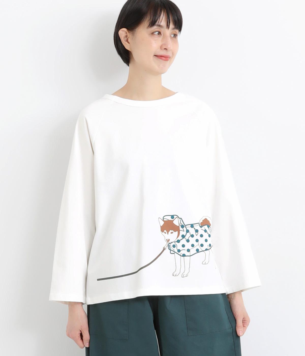 ラグランTシャツ雨の散歩中(ホワイト-F)