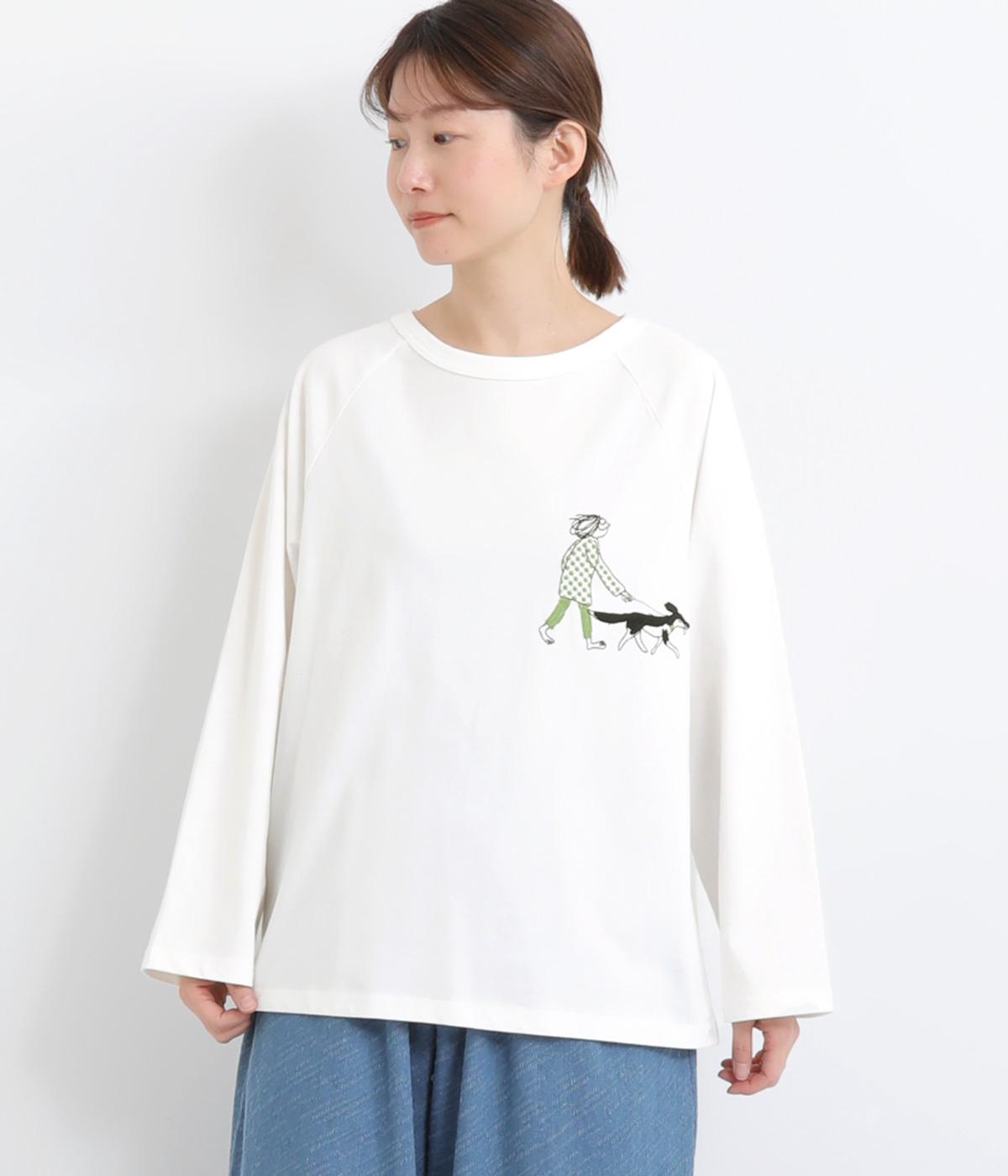 ラグランTシャツ犬とお散歩(ホワイト-F)