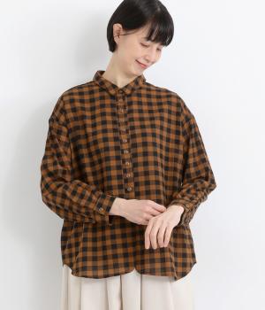 ギンガムCHECKミニ襟多ボタンシャツ(ブラウン-F)