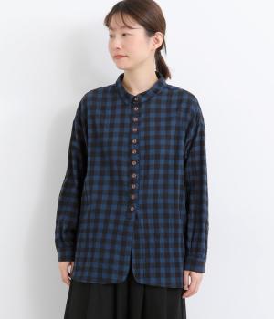 ギンガムCHECKミニ襟多ボタンシャツ(ネイビー-F)