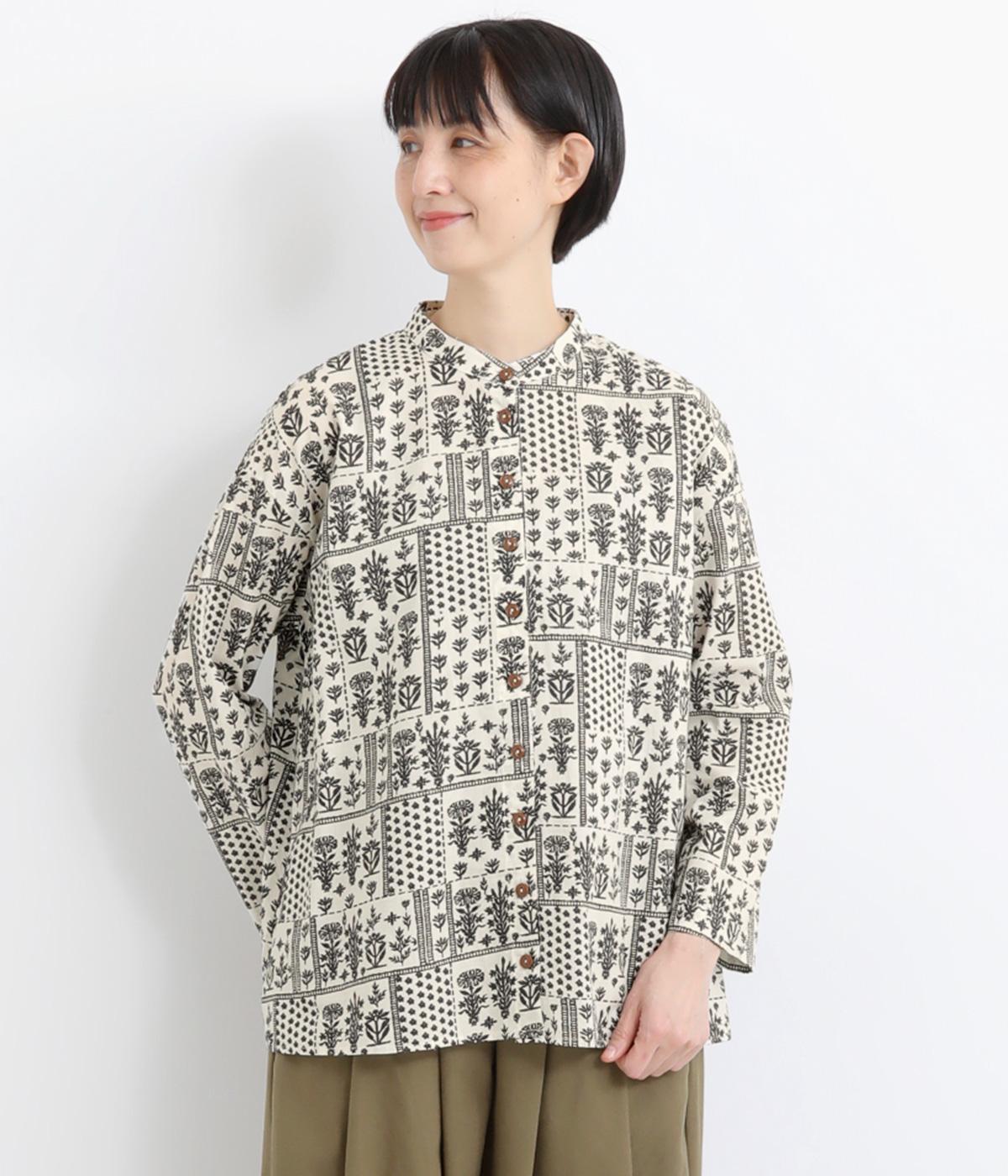 パッチワーク風リーフスタンドカラーシャツ(ホワイト-F)