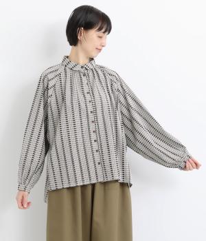 レースドットとはしごレース袖ふんわりドルマンシャツ(ストライプブラック-F)