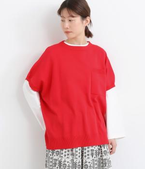 ポケット付き片落ちニットベスト(レッド-F)