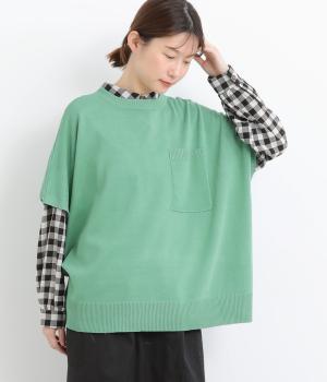 ポケット付き片落ちニットベスト(グリーン-F)