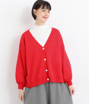 Vネック袖ふわニットカーディガン(レッド-F)