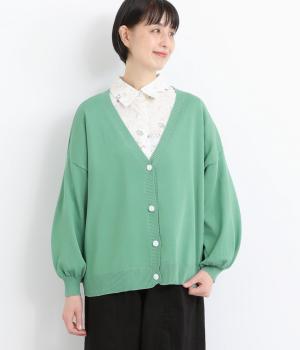 Vネック袖ふわニットカーディガン(グリーン-F)