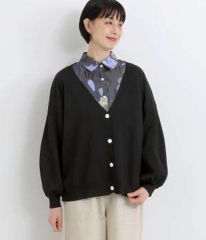 Vネック袖ふわニットカーディガン(ブラック-F)