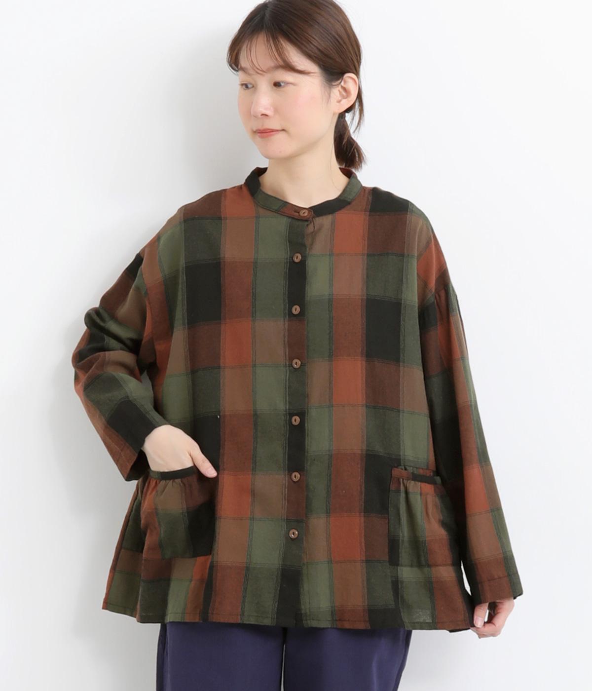 BIG CHECKギャザーポケット付シャツ(グリーン×ブラック-F)