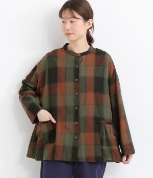 BIG CHECKギャザーポケット付シャツ(グリーン×ブラック-F)
