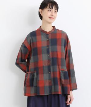 BIG CHECKギャザーポケット付シャツ(ネイビー×レッド-F)