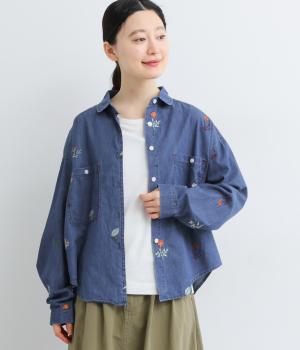 シャンブレーデニム刺繍デニムシャツ(ブルー-F)