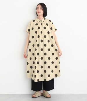 リネン混 ビッグドット後ろ釦ワンピース(ナチュラル-ONESIZE)