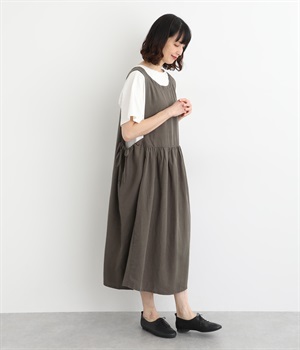 コットンリネンギャザージャンパースカート(ネイビー-ONESIZE)