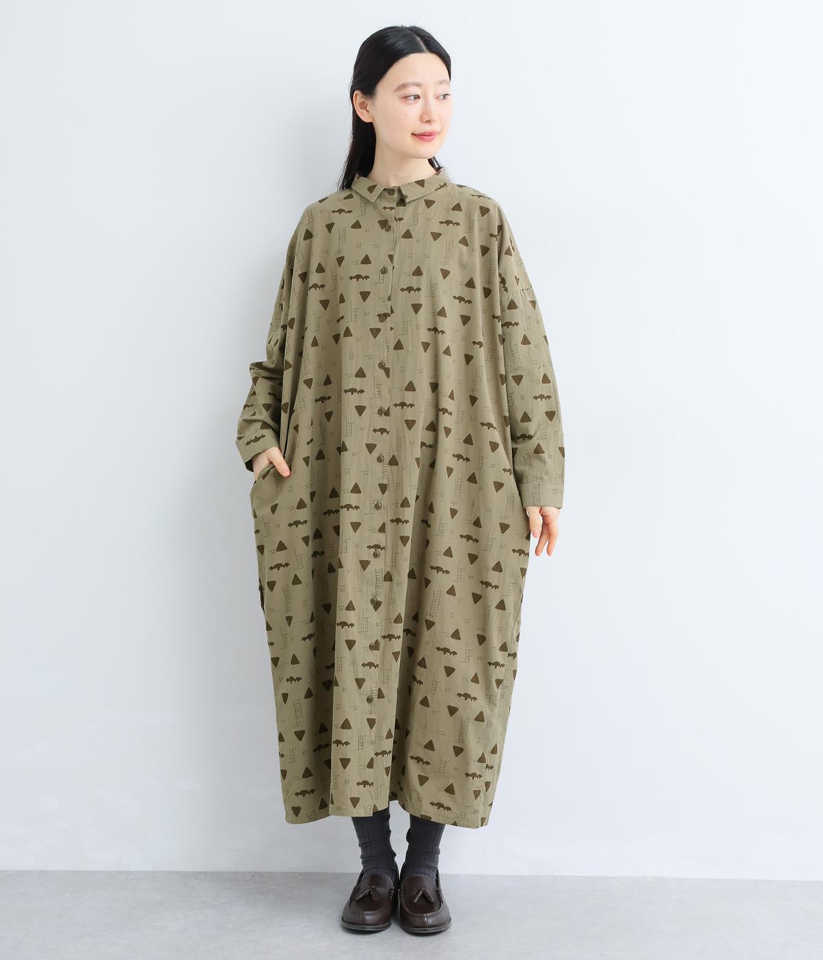 三角プリントミニ襟ロングワンピース(カーキ-F)