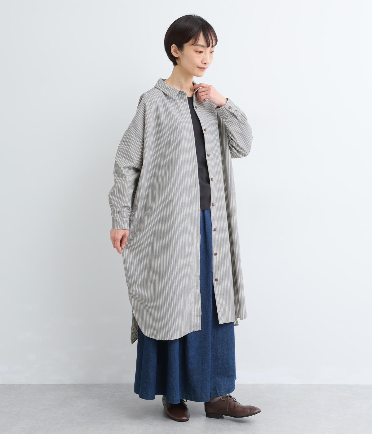 手書きストライプミニレギュラーカラーワンピース(グレー-F)