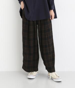 シャーリングチェックゆったりパンツ(ブラウン系-F)