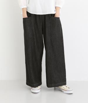 やわらかデニムサイドポケットワイドパンツ(ブラック-F)