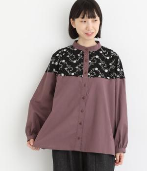 刺繍×無地ヨーク切り替えブラウス(パープル×ブラック-F)