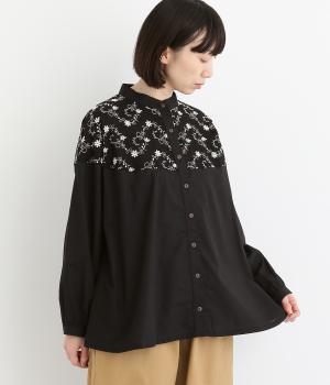 刺繍×無地ヨーク切り替えブラウス(ブラック×ブラック-F)