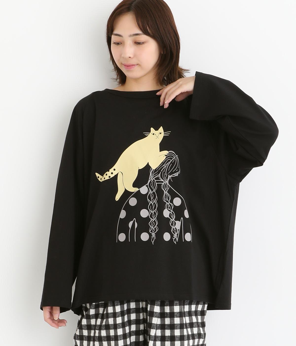 ラグランロングＴ肩に乗る猫(ブラック-F)