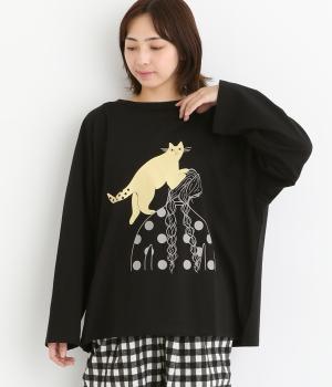 ラグランロングＴ肩に乗る猫(ブラック-F)