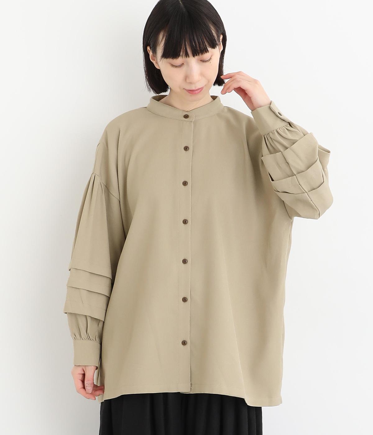 ふわふわ布帛袖2つ入れたタックシャツ(ベージュ-F)