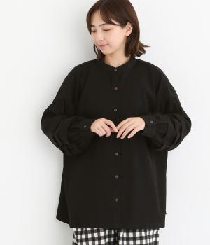 ふわふわ布帛袖2つ入れたタックシャツ(ブラック-F)