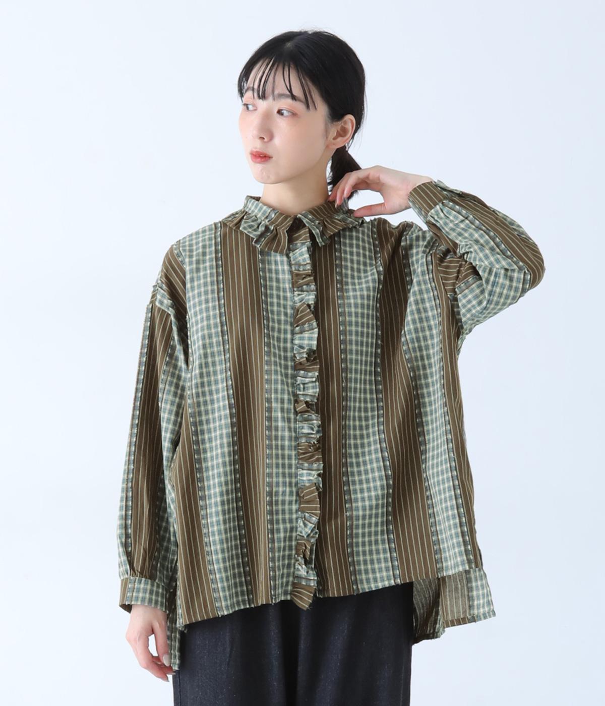 チェックストライプパッチワーク風フリルブラウス(ブラウン-F)