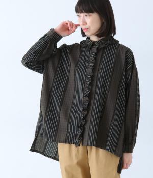 チェックストライプパッチワーク風フリルブラウス(ブラック-F)