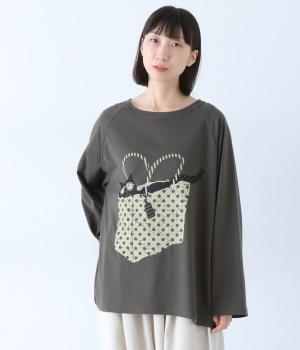 鞄に入った猫プリントロングＴシャツ(チャコール-F)