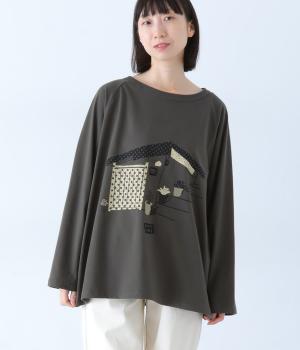 カフェプリントロングTシャツ(チャコール-F)