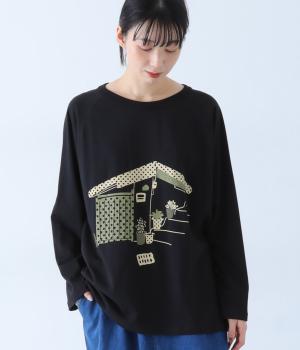 カフェプリントロングTシャツ(ブラック-F)