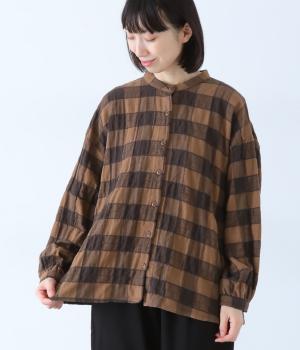 ポコポコブロックチェックギャザーブラウス(ブラウン-F)