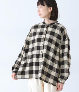 ポコポコブロックチェックギャザーブラウス(ホワイト×ブラック-F)