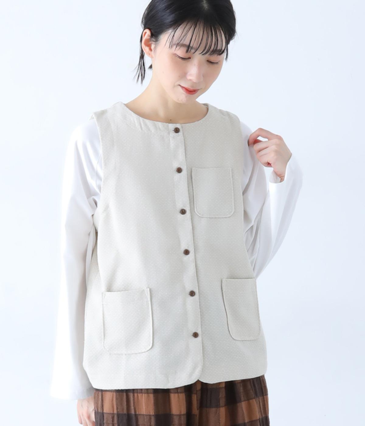 ステッチ入りコットンリネンクルーネックベスト(ナチュラル-F)