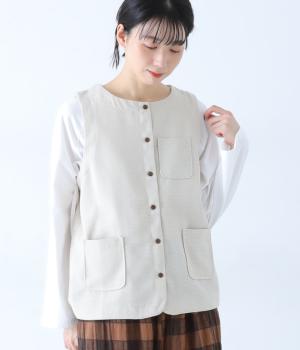 ステッチ入りコットンリネンクルーネックベスト(ナチュラル-F)