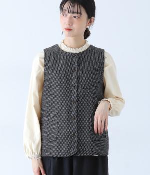 ステッチ入りコットンリネンクルーネックベスト(ブラック-F)