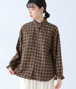 起毛ナチュラルチェックフリルカラーシャツ(ブラウン-F)