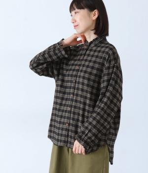 起毛ナチュラルチェックフリルカラーシャツ(ブラック-F)