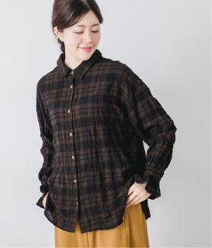 シャーリングチェック袖フリルブラウス(ブラウン系-F)