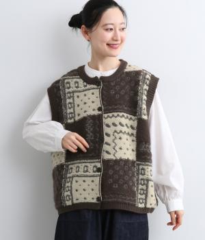 バンダナパッチワークニットベスト(ブラウン×ナチュラル-F)