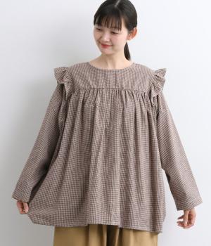 起毛miniギンガムチェック肩フリルシャツ(ベージュ-F)