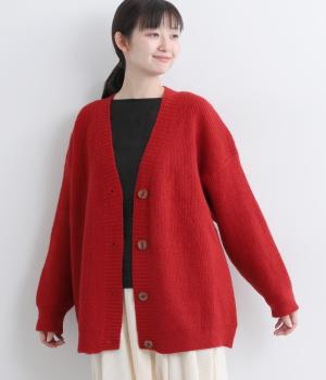 無地ニットオーバーカーディガン(レッド-F)