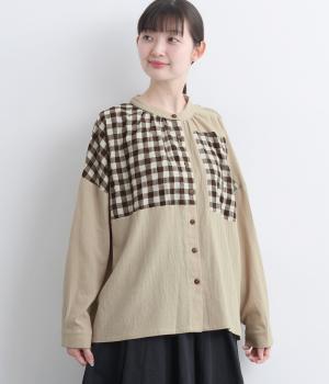 切り替えギンガムシャツ(ナチュラル×ブラウン-F)