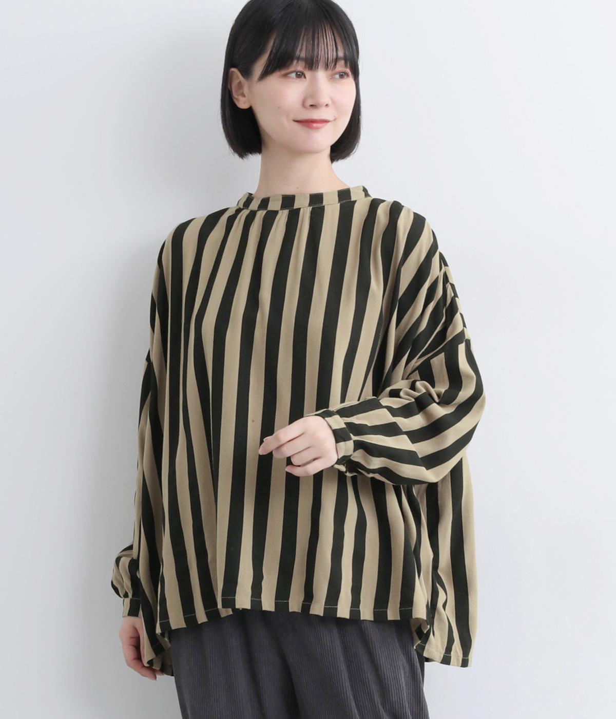 リネンビッグストライプたっぷりギャザーワイドシャツ(ベージュ-F)