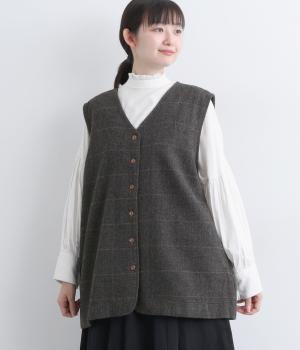 ウール混へリンボンVネックミドル丈ベスト(ブラック-F)