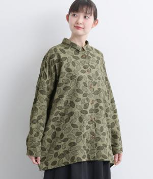 リーフ柄ミニ襟シャツ(カーキ-F)