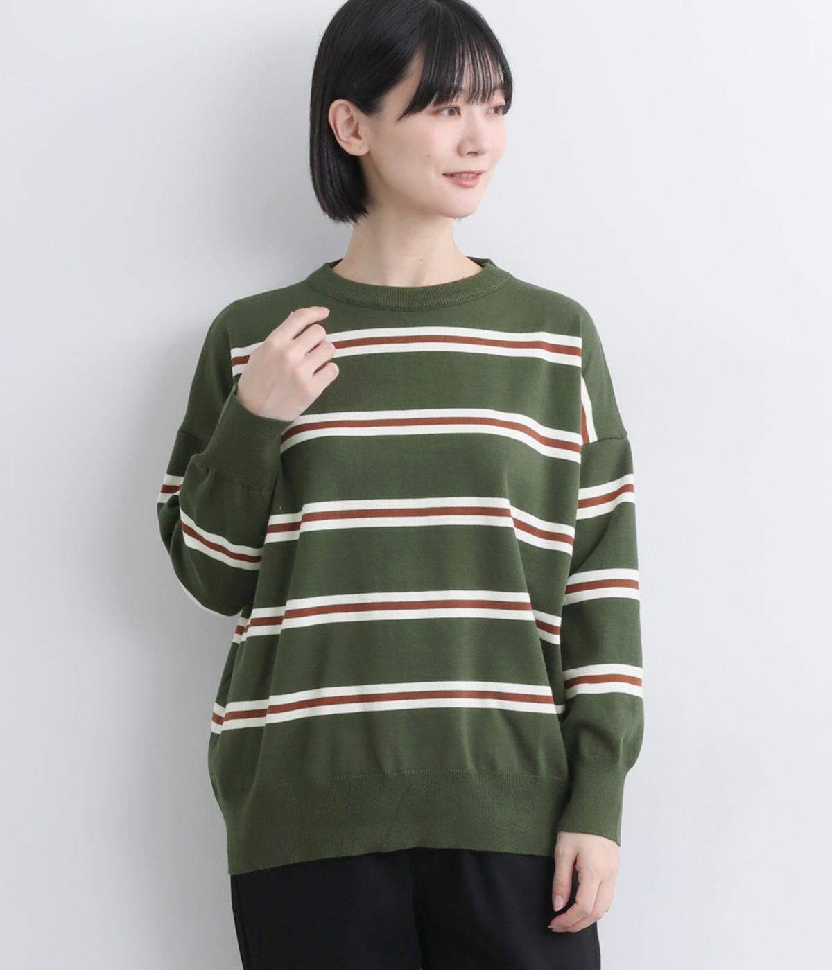 ボーダーニットプルオーバー(カーキ-F)